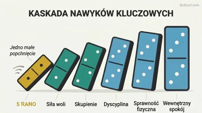 Row of progressively larger dominoes tipping left to right, with the smallest labeled 5 AM triggering larger ones labeled with life improvements like willpower, focus, and fitness.