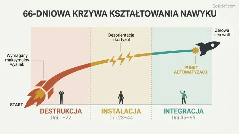 Ascending rocket trajectory passing through three color-coded phases — fiery destruction, turbulent installation, and smooth integration — across a 66-day timeline.