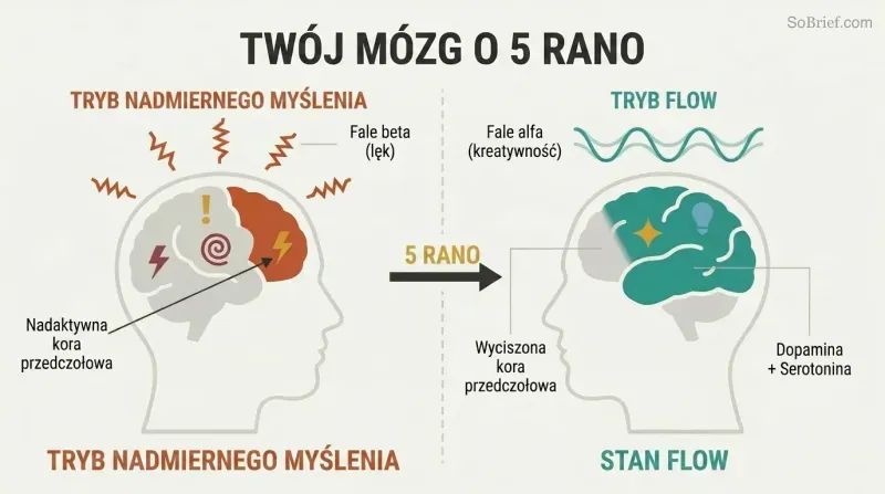 Split panel comparing two brain states: a chaotic overthinking brain with jagged beta waves on the left versus a calm creative brain with smooth alpha waves and flow state on the right.