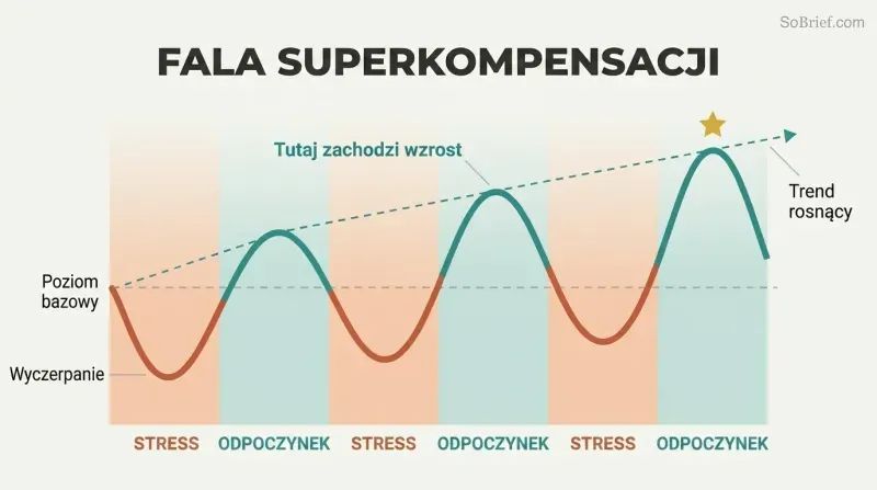Oscillating wave showing performance dipping during work phases and rising higher during each rest phase, creating an upward growth trajectory.