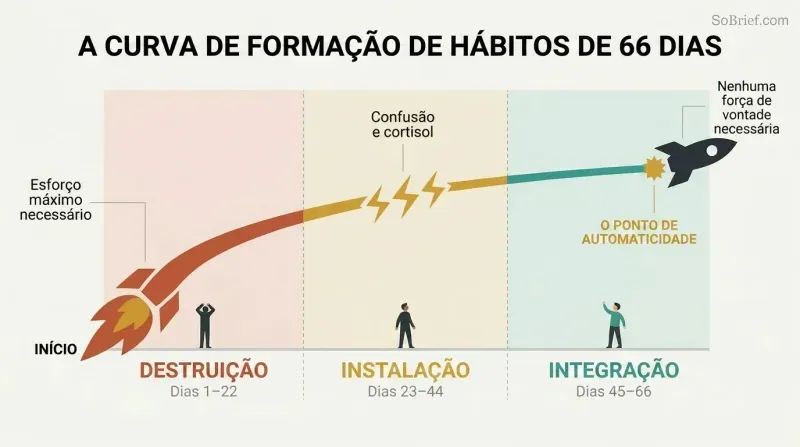 Ascending rocket trajectory passing through three color-coded phases — fiery destruction, turbulent installation, and smooth integration — across a 66-day timeline.