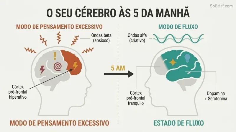 Split panel comparing two brain states: a chaotic overthinking brain with jagged beta waves on the left versus a calm creative brain with smooth alpha waves and flow state on the right.