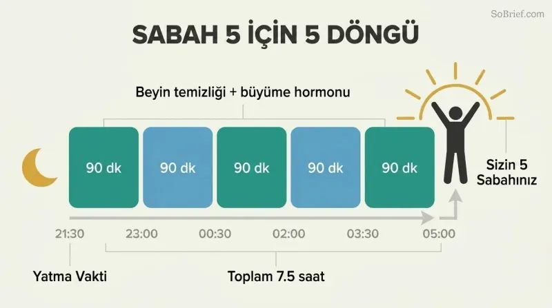 Five sequential 90-minute sleep cycle blocks spanning 9:30 PM to 5 AM form a platform from which a sunrise silhouette and energized figure rise.
