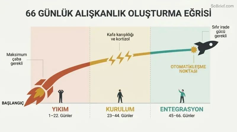 Ascending rocket trajectory passing through three color-coded phases — fiery destruction, turbulent installation, and smooth integration — across a 66-day timeline.