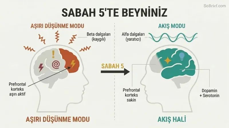 Split panel comparing two brain states: a chaotic overthinking brain with jagged beta waves on the left versus a calm creative brain with smooth alpha waves and flow state on the right.