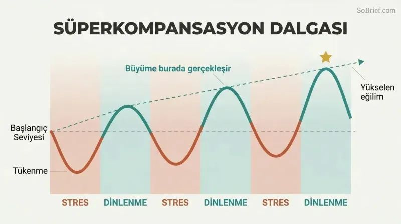 Oscillating wave showing performance dipping during work phases and rising higher during each rest phase, creating an upward growth trajectory.