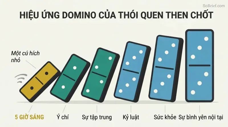 Row of progressively larger dominoes tipping left to right, with the smallest labeled 5 AM triggering larger ones labeled with life improvements like willpower, focus, and fitness.