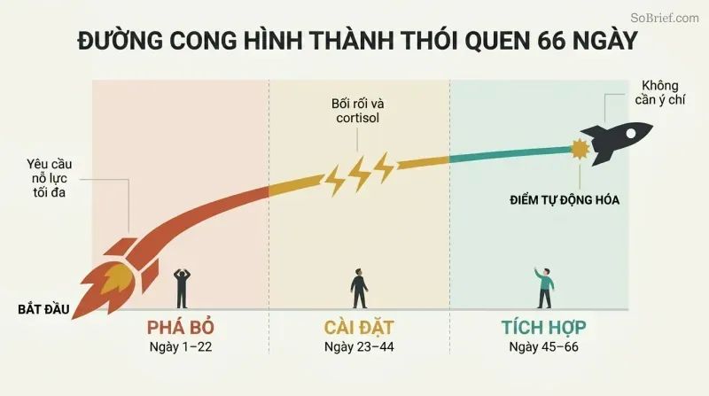 Ascending rocket trajectory passing through three color-coded phases — fiery destruction, turbulent installation, and smooth integration — across a 66-day timeline.