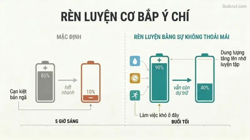 Two battery bars compared across morning and evening, showing a small untrained battery emptying quickly versus a larger discomfort-trained battery retaining reserves.