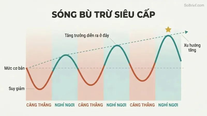 Oscillating wave showing performance dipping during work phases and rising higher during each rest phase, creating an upward growth trajectory.