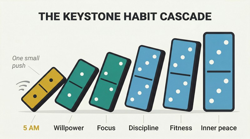 Row of progressively larger dominoes tipping left to right, with the smallest labeled 5 AM triggering larger ones labeled with life improvements like willpower, focus, and fitness.