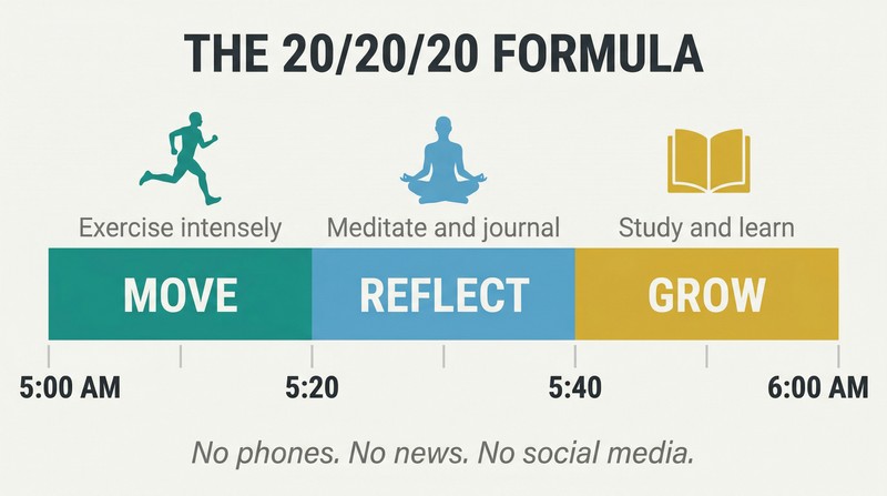 Horizontal bar divided into three equal colored segments representing Move, Reflect, and Grow, each with an icon and time stamp spanning 5:00 to 6:00 AM.
