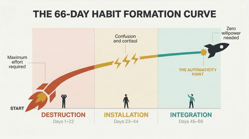 Ascending rocket trajectory passing through three color-coded phases — fiery destruction, turbulent installation, and smooth integration — across a 66-day timeline.
