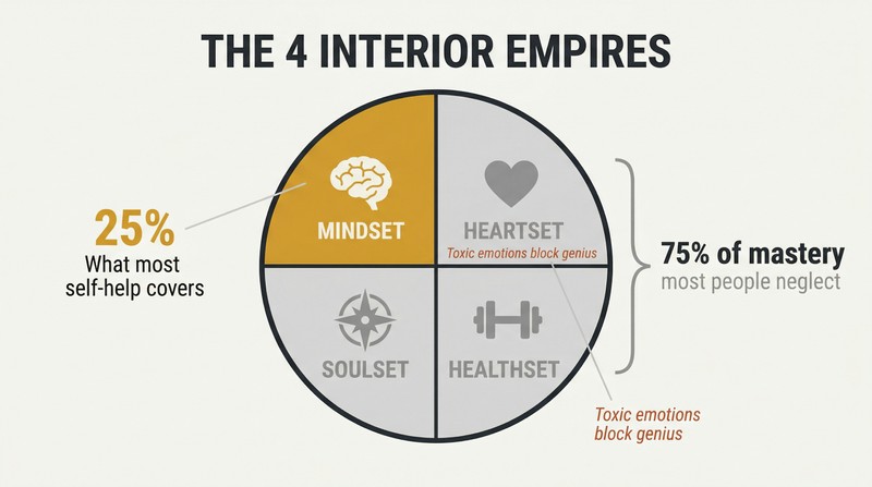 Circle divided into four equal quadrants representing Mindset, Heartset, Healthset, and Soulset, with only the Mindset quarter highlighted to show most people address just 25% of mastery.