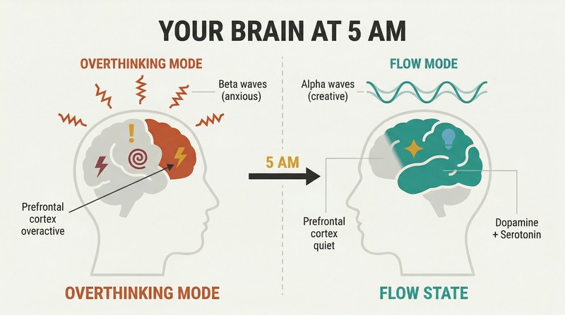 Split panel comparing two brain states: a chaotic overthinking brain with jagged beta waves on the left versus a calm creative brain with smooth alpha waves and flow state on the right.