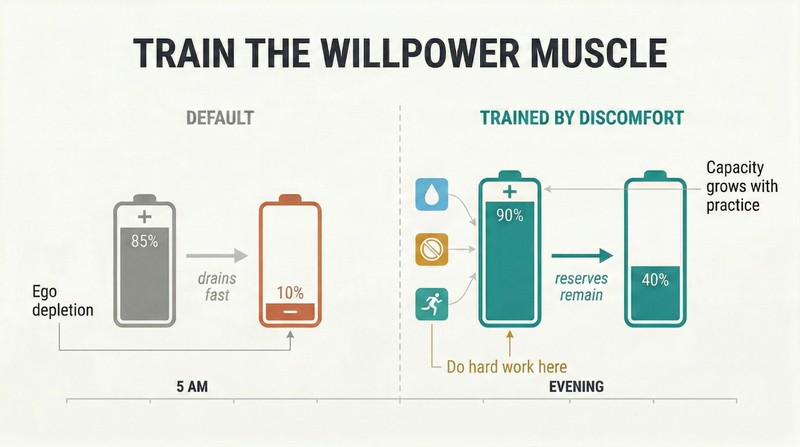 Two battery bars compared across morning and evening, showing a small untrained battery emptying quickly versus a larger discomfort-trained battery retaining reserves.