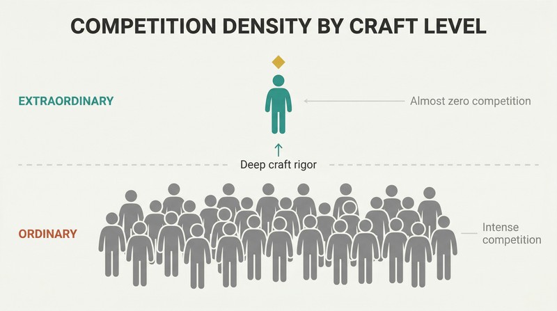 Vertical elevation diagram contrasting a dense crowd of silhouettes packed at the ordinary level below with a single figure standing alone in open space at the extraordinary level above.