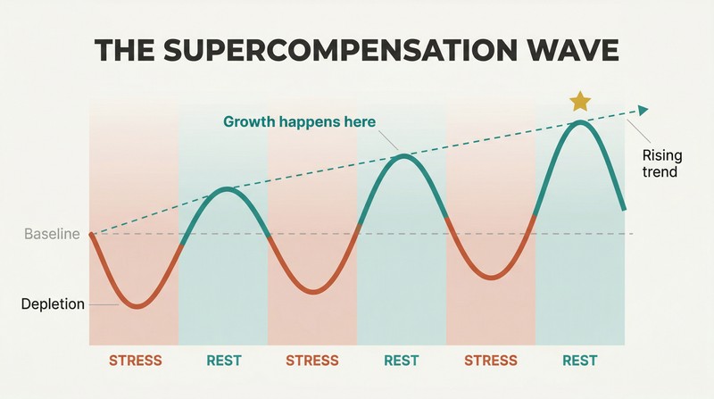 Oscillating wave showing performance dipping during work phases and rising higher during each rest phase, creating an upward growth trajectory.