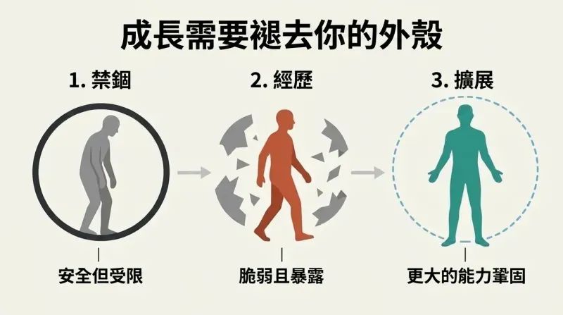 Three-stage horizontal diagram depicting a human silhouette shedding a restrictive outer shell, transitioning from safe confinement to vulnerable exposure, and finally expanding into a larger capacity.