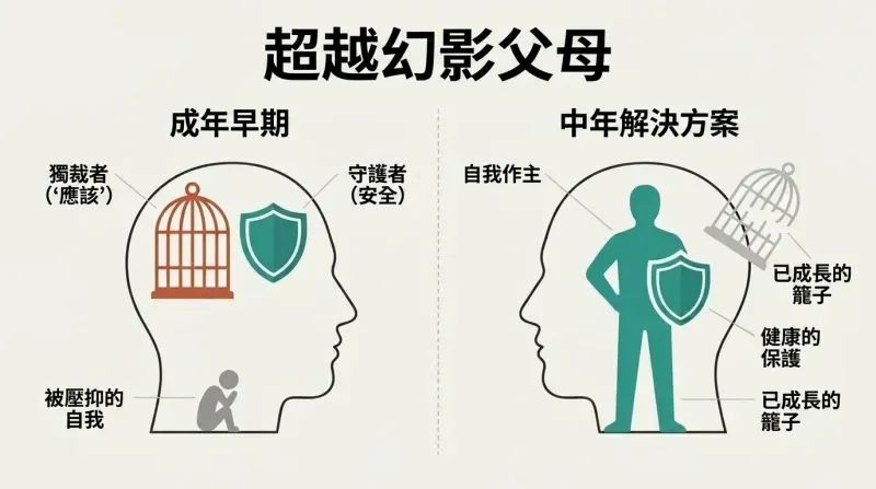 Split panel diagram contrasting early adulthood where a mental cage and shield dominate the mind, with mature adulthood where the self holds the protective shield and discards the dictating cage.