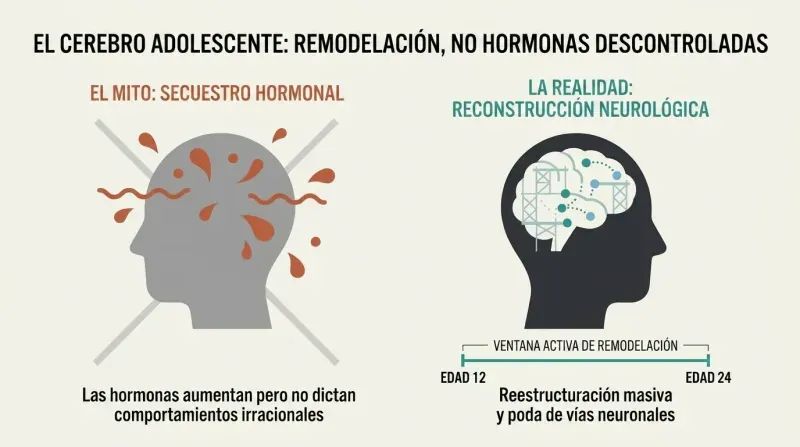 A side-by-side comparison debunking the myth of hormonal hijacking of teens, showing the real cause is long-term brain remodeling.