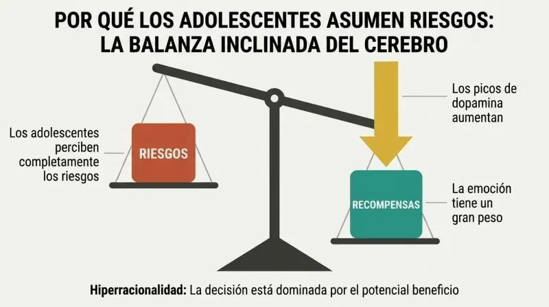 A tilted balance scale showing how a gold dopamine amplifier force pushes rewards down to dominate over known risks in the teen brain.