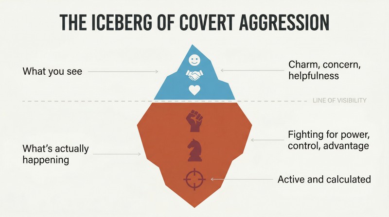 Iceberg diagram showing a small friendly silhouette above a waterline and a much larger aggressive fist shape below, revealing how manipulation hides behind charm.