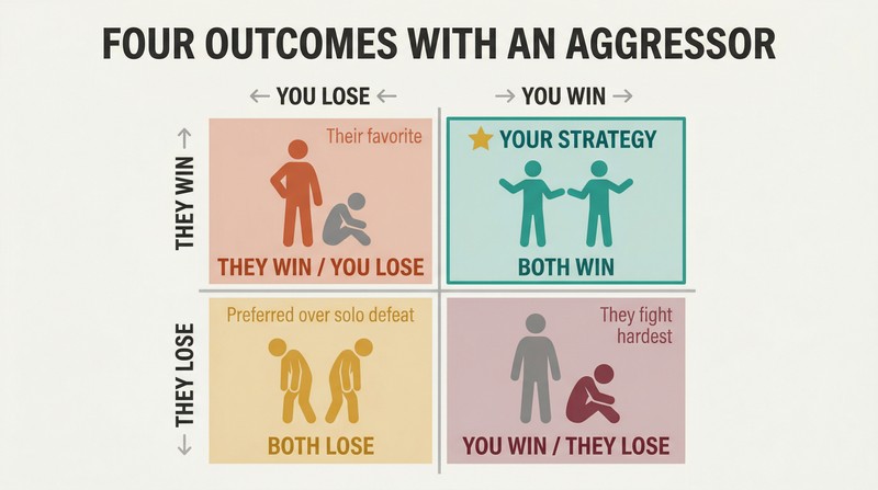 A two-by-two matrix crossing your outcome and the aggressor's outcome, highlighting the win-win quadrant as the strategic target.