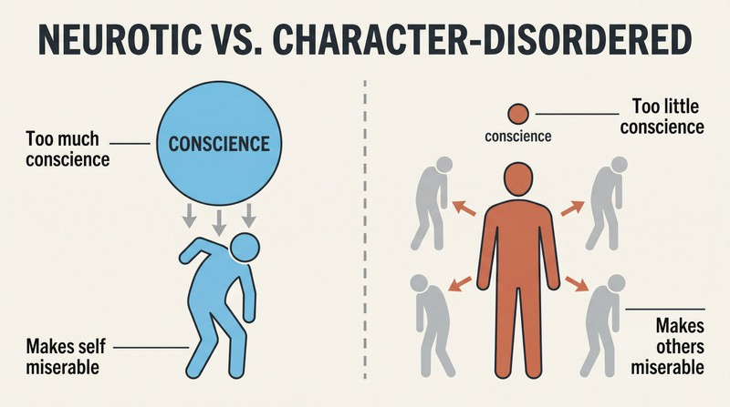 Split panel comparing a neurotic figure weighed down by an oversized conscience with a character-disordered figure whose tiny conscience leaves surrounding people distressed.