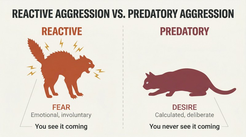 Split panel comparing an arched, hissing cat representing reactive aggression driven by fear against a low, smooth hunting cat representing predatory aggression driven by desire.