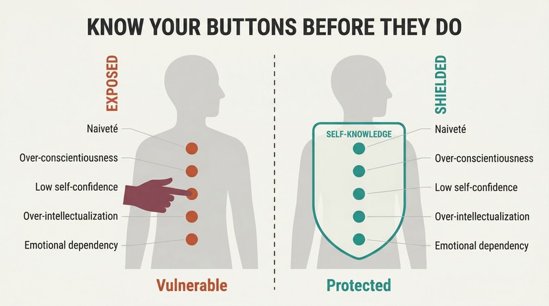 Split panel comparing a figure with five exposed vulnerability buttons being reached by a hand versus the same figure with buttons shielded behind self-knowledge.
