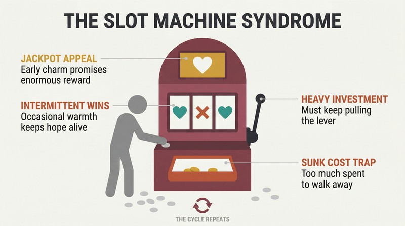 Slot machine with four labeled callouts mapping its components to relationship trap dynamics: jackpot display to early charm, lever to heavy investment, reel window to intermittent rewards, and spent coins to sunk costs.