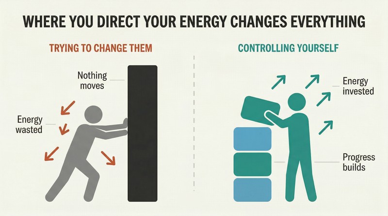 Split panel contrasting a figure pushing fruitlessly against an immovable wall on the left with a figure building upward on the right, showing how redirecting energy from others to yourself transforms outcomes.