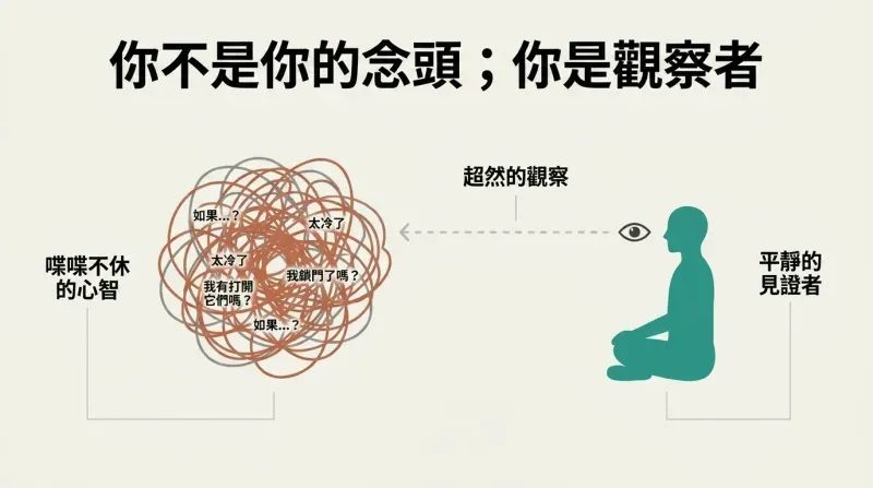 Spatial separation diagram depicting a chaotic cloud of chattering thoughts on the left being observed calmly from a distance by a peaceful silhouette on the right.
