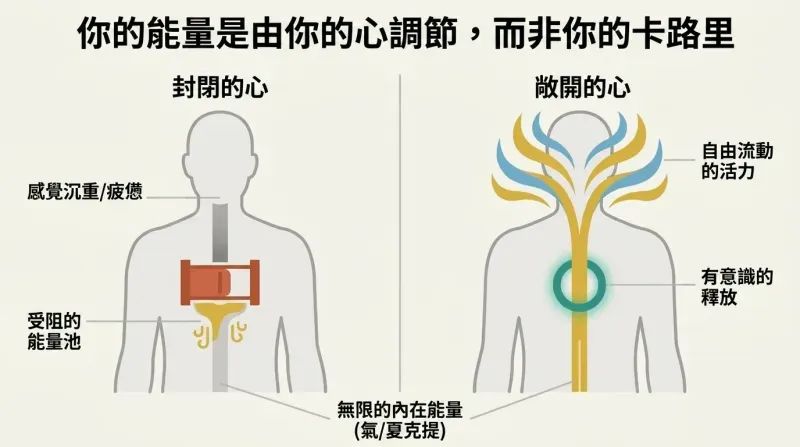Split panel diagram comparing a closed heart that blocks internal energy flow with an open heart that allows radiant energy to flow upward.