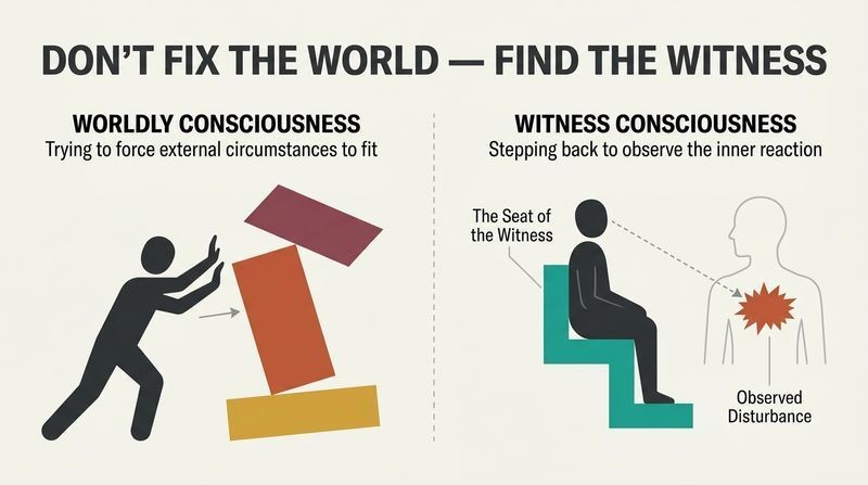 Split diagram showing the worldly approach of frantically trying to rearrange external circumstances versus the witness approach of calmly observing internal disturbances from a detached seat of awareness.