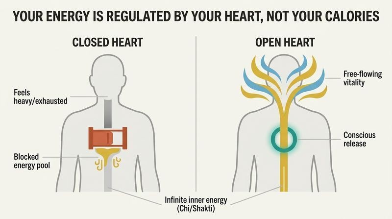 Split panel diagram comparing a closed heart that blocks internal energy flow with an open heart that allows radiant energy to flow upward.