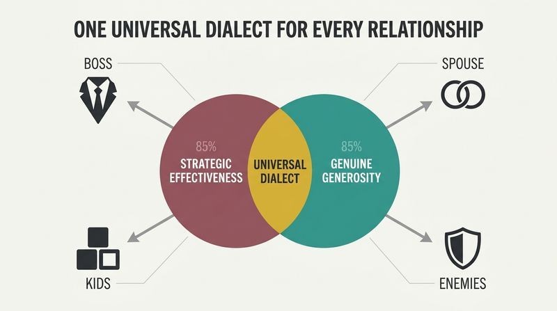 Hub-and-spoke diagram showing how a central dialect of strategic effectiveness and genuine generosity applies to bosses, spouses, kids, and enemies alike.