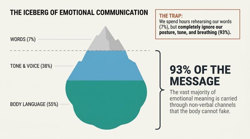 An iceberg diagram showing how explicit words form only 7 percent of emotional communication above water, while tone and body language form 93 percent submerged below the surface.