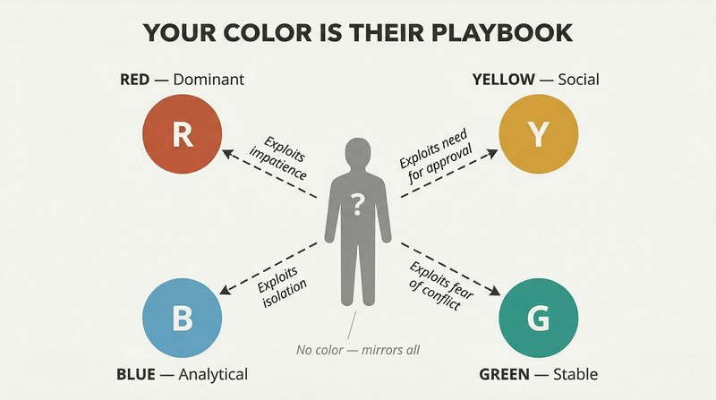 Hub-spoke diagram with a gray chameleon silhouette at center connected by arrows to four color-coded personality types, each labeled with its specific vulnerability.