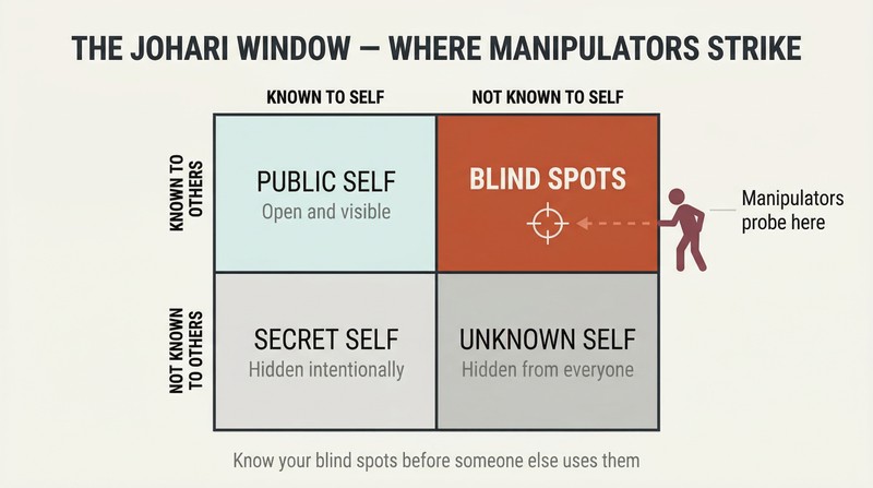 Two-by-two matrix mapping self-knowledge against others' knowledge, with the blind-spot quadrant highlighted as the zone manipulators exploit.