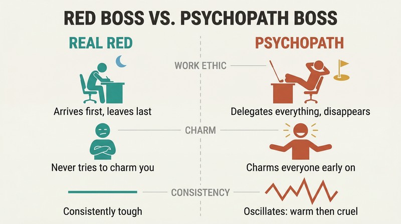 Split-panel comparison showing three behavioral differences between genuine Red personality bosses and psychopathic bosses across work ethic, charm, and consistency.