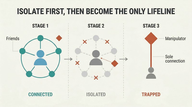 Three-stage timeline showing a person's social connections being severed one by one until only the manipulator remains as the sole link.