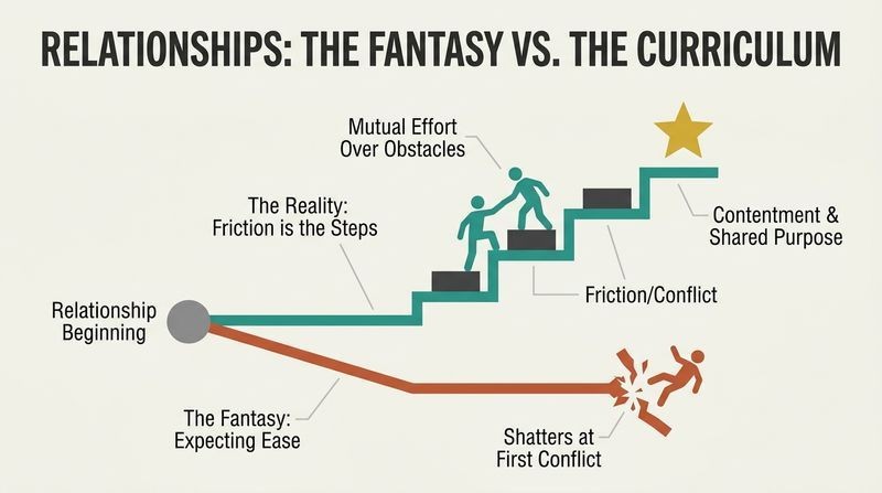 Fork diagram contrasting a smooth relationship path that shatters at conflict with a stepped path where friction is used to climb to contentment.