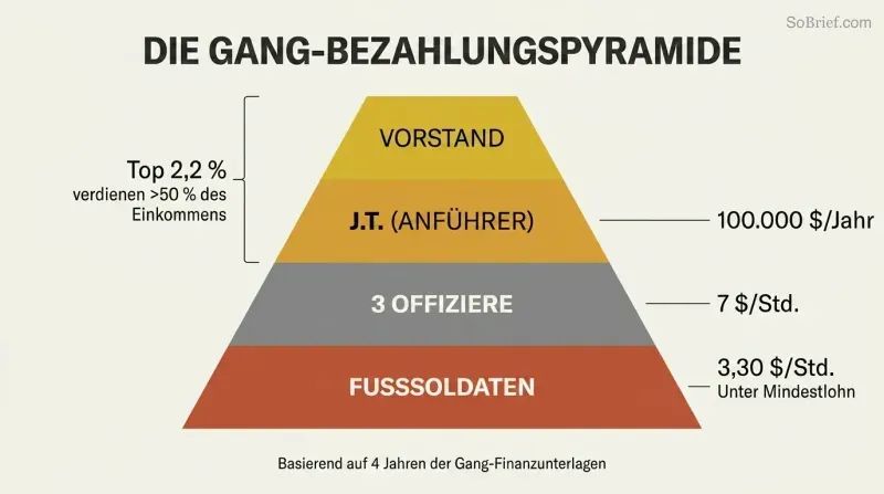 Four-tier pyramid showing crack gang hierarchy from a narrow board of directors at the apex to a wide base of foot soldiers, with pay rates dropping from $100,000 per year at the top to $3.30 per hour at the bottom.