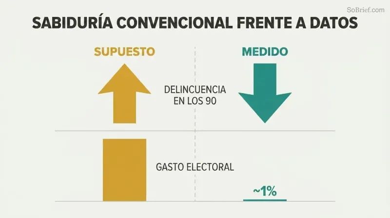 Split panel comparing assumed versus measured outcomes for crime and election spending, with opposing arrows and dramatically different bar heights revealing how profoundly predictions can fail.