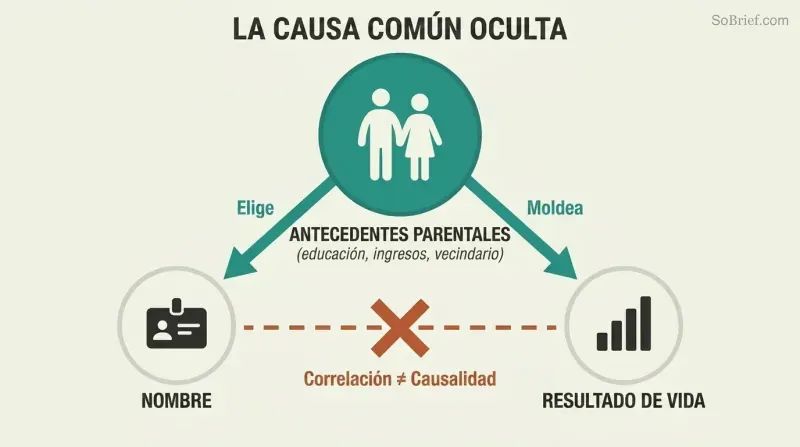 Confounding-variable triangle where parental background causes both name choice and life outcomes, with the falsely assumed direct link struck through.