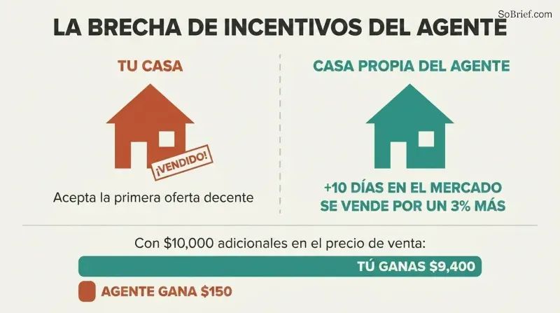 Split panel comparing how agents sell clients' homes fast but hold their own longer, with proportion bars revealing the incentive gap.