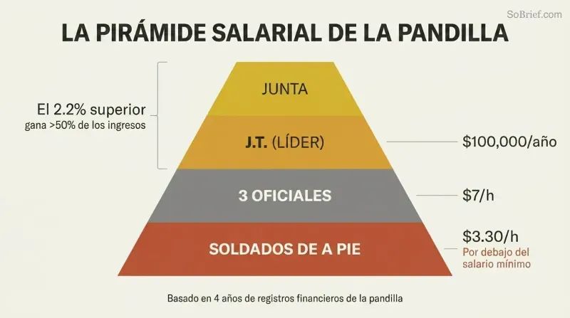 Four-tier pyramid showing crack gang hierarchy from a narrow board of directors at the apex to a wide base of foot soldiers, with pay rates dropping from $100,000 per year at the top to $3.30 per hour at the bottom.