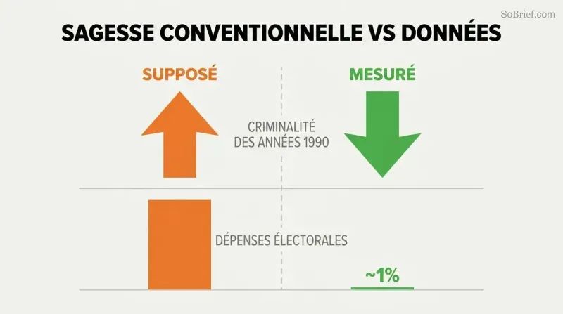 Split panel comparing assumed versus measured outcomes for crime and election spending, with opposing arrows and dramatically different bar heights revealing how profoundly predictions can fail.